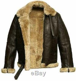 Mens Aviator RAF B3 Flying Bomber Fur Shearling Sheepskin Leather Jacket