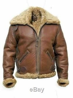 Mens Aviator RAF B3 Flying Bomber Real Fur Shearling Sheepskin Leather Jacket