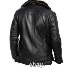 Mens Aviator Shearling Bomber Black Genuine Sheepskin Biker Leather Jacket