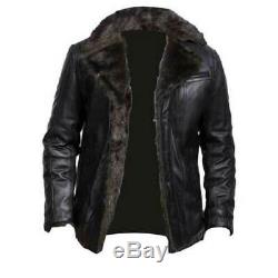 Mens Aviator Shearling Bomber Black Genuine Sheepskin Leather Jacket