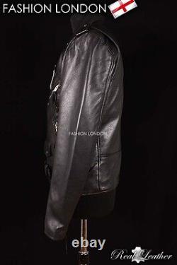 Mens BRANDO SLIM-FIT Leather Jacket Black Lambskin Smart Bikers Leather Jacket