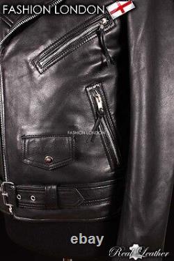Mens BRANDO SLIM-FIT Leather Jacket Black Lambskin Smart Bikers Leather Jacket