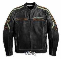 Mens Biker Black Harley Motorcycle Retro Stripes Vintage Distress Leather Jacket