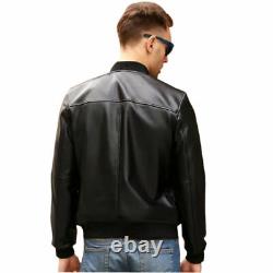 Mens Black Bomber Jacket Genuine Leather Black Slim Fit Biker Style Jacket