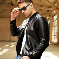 Mens Black Bomber Jacket Genuine Leather Black Slim Fit Biker Style Jacket