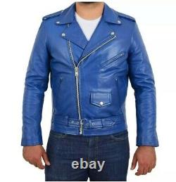 Mens Brando Genuine Leather Jacket Motorcycle Perfecto Blue Marlon Jacket New