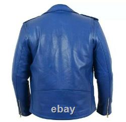 Mens Brando Genuine Leather Jacket Motorcycle Perfecto Blue Marlon Jacket New