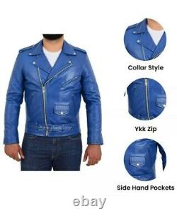 Mens Brando Genuine Leather Jacket Motorcycle Perfecto Blue Marlon Jacket New