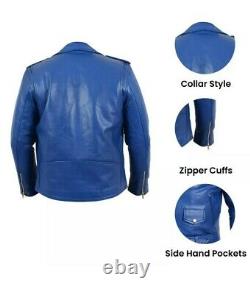 Mens Brando Genuine Leather Jacket Motorcycle Perfecto Blue Marlon Jacket New