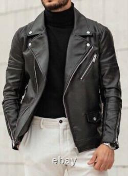 Mens Brando Motorbike Genuine Leather jacket Black Marlon Classic Jacket