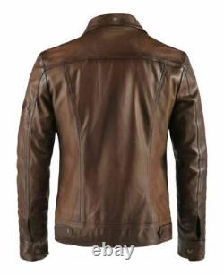 Mens Brown Biker Real Leather Jacket Vintage Slim Fit Retro Motorcycle Jacket