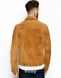 Mens Brown Trucker Western Style Vintage Slim Fit Genuine Suede Leather Jacket