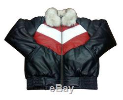 Mens Bubble V Bomber Leather Jacket Fox Fur Collar Leather Jacket