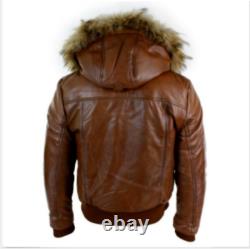 Mens COWHIDE Real Fur Hood Bomber Leather Jacket Black Puffer Padded