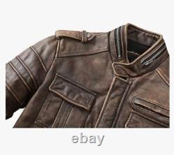 Mens Cafe Racer Distressed Vintage Brown Real Lambskin Biker Leather Jacket