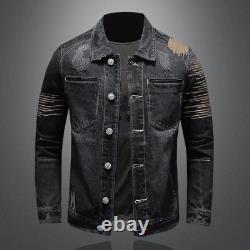 Mens Casual Lapel Collar Embroidery Jacket Fashion Denim Slim Coats Motorcycle