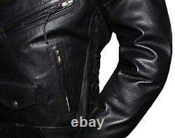 Mens Classic Side Laces Motorcycle Black Leather Racing Jacket Concealed Carry