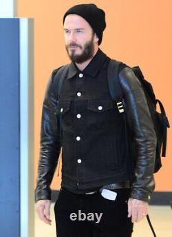 Mens David Beckham Denim Jacket With Leather Sleeves
