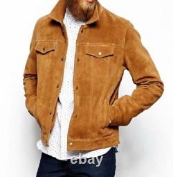 Mens Fashion Jackets Tan Suede Leather Native American Western Wear Casual Coats