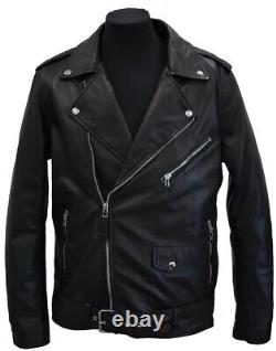 Mens Genuine Cowhide Black Leather Biker Distressed Jacket Motorcycle Jacket