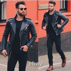 Mens Genuine Lambskin Black Quilted Real Leather Motorcycle Slimfit Biker Jacket