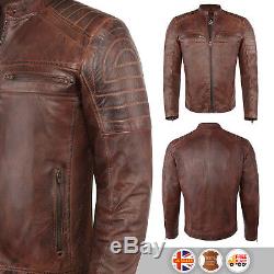 Mens Genuine Leather Biker Jacket Vintage Cafe Racer Brown Slim Fit Jacket S-3XL