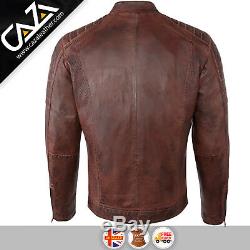 Mens Genuine Leather Biker Jacket Vintage Cafe Racer Brown Slim Fit Jacket S-3XL