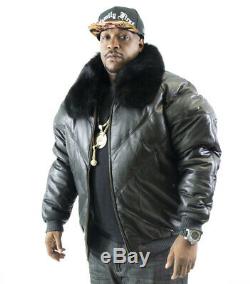 Mens Genuine Leather V Bomber Jacket Fox Fur Collar Lambskin Hip-hop L To 6xl