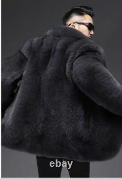 Mens Grey Fox Fur Coat Black Color SAGA Fox Fur Coat
