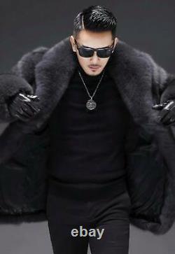 Mens Grey Fox Fur Coat Black Color SAGA Fox Fur Coat