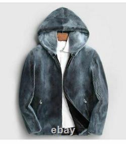 Mens Hooded Mink Fur Coat Blue Jean Color SAGA Mink Fur Coat
