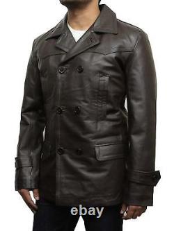 Mens Leather Jacket German Marine Double Breasted Vintage Black/Brown Pea Coat
