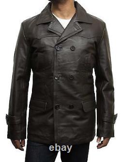 Mens Leather Jacket German Marine Double Breasted Vintage Black/Brown Pea Coat