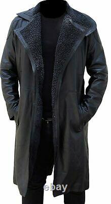 Mens Long Trench Coat Winter Black Leather Jacket Detective Officer Blade Runner