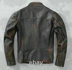 Mens Motorcycle Vintage Biker Café Racer Distressed Real Brown Leather Jacket