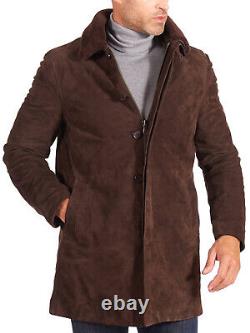 Mens New Dark Brown Suede Leather Trench Coat. Real Soft Lambskin leather Jacket