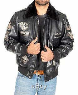 Mens Pilot Leather Jacket Heavy Duty BLACK Bomber Aviator With Collar Badges NEW