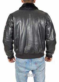 Mens Pilot Leather Jacket Heavy Duty BLACK Bomber Aviator With Collar Badges NEW