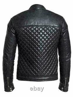 Mens Quilted Motorcycle Cafe Racer Black Biker Real Leather Jacket