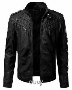 Mens Real Leather Jacket Retro Black Slim Fit Biker Jacket