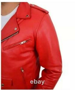 Mens Red Biker Leather Jacket BRANDO Motorcycle Motorbike Cowhide Leather Jacket