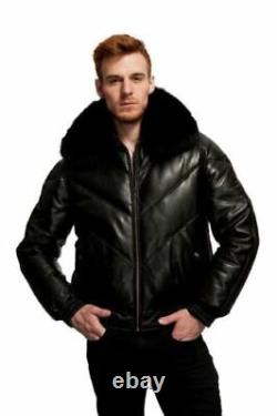 Mens Sheepskin Leather Bubble V Bomber Jacket With Fox Fur Collar