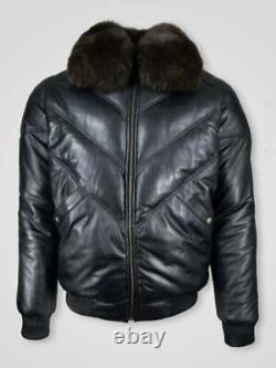 Mens Sheepskin Leather Bubble V Bomber Jacket With Fox Fur Collar