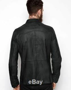 Mens Shirt Jacket Black Real Soft Genuine Lambskin Washed Waxed Leather Shirt