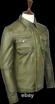 Mens Shirt Jacket Olive Real Soft Genuine Lambskin Washed Waxed Leather Shirt