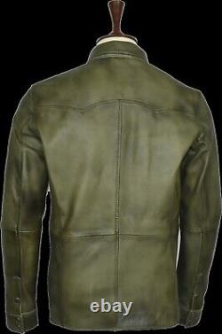 Mens Shirt Jacket Olive Real Soft Genuine Lambskin Washed Waxed Leather Shirt