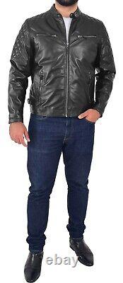 Mens Soft Black Leather Biker Style Jacket Slim Fit Zipped Latest Quilted Design
