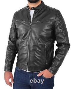 Mens Soft Black Leather Biker Style Jacket Slim Fit Zipped Latest Quilted Design