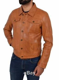 Mens Soft Leather Trucker Jacket Tan American Western Denim Levi Style Coat NEW