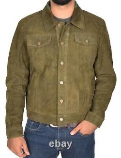 Mens Soft Suede Trucker Jacket Fitted Biker Denim Style Black Burgundy Olive Tan